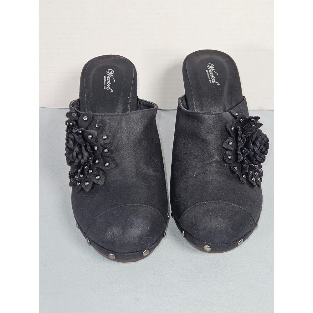Wanted Shoes Blast Black Studded Floral Wood Look Clogs Platform Mules Size 10